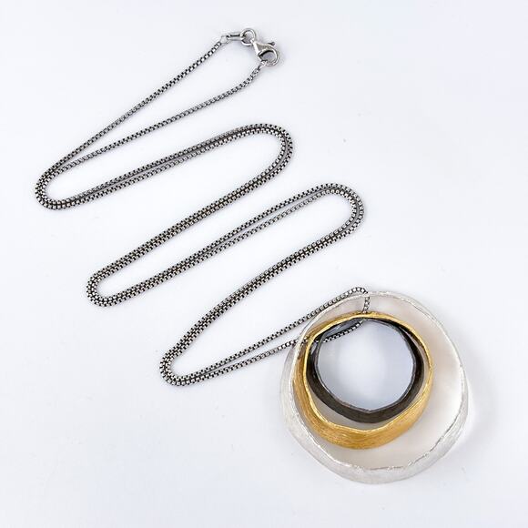 Vintage PZ Israel Sterling Silver 3 Circle Gold Plated Pendant Necklace 31.5" - Picture 3 of 7